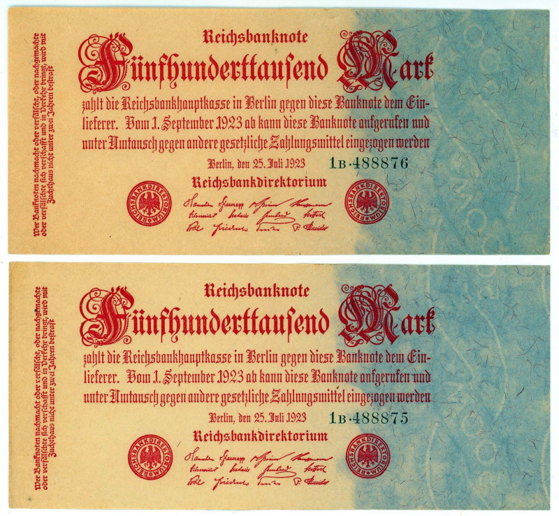 Germany - Weimar Republic 2 x 500000 Mark 1923 With Consecutive Numbers

P# 92...