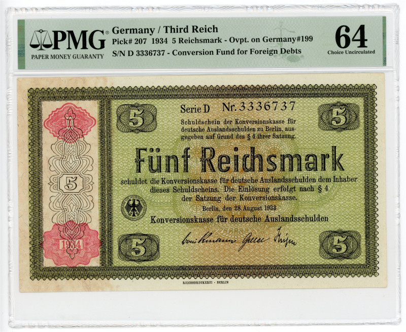 Germany - Third Reich 5 Reichsmark 1933 - 1934 Overprint PMG 64 Choice Uncircula...