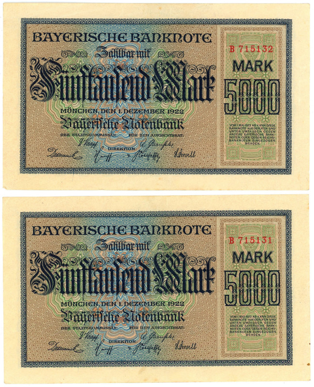 German States Bavaria Bayerische Notenbank 2 x 5000 Mark 1922 Consecutive Pair
...