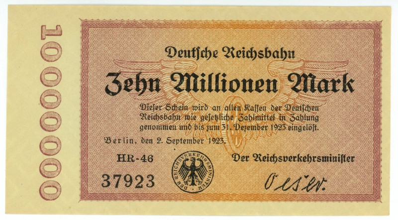 Germany - Weimar Republic Deutsche Reichsbahn 10000000 Mark 1923

P# S1014, N#...