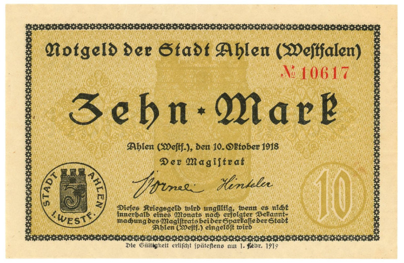 Germany - Empire Ahlen 10 Mark 1918

# 10617; UNC