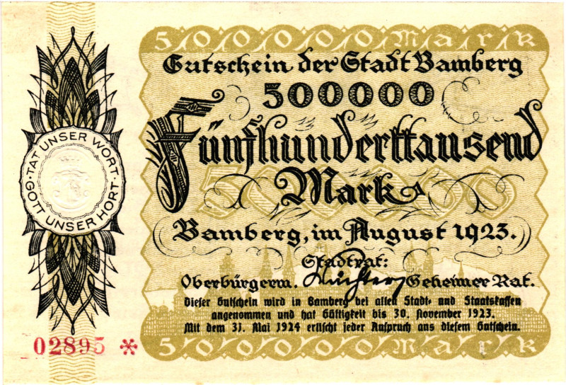 Germany - Weimar Republic Bamberg 500000 Mark 1923

N# 279985; # 02895; Now Ba...