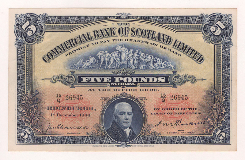 Scotland Commercial Bank 5 Pounds 1944

P# S328b, N# 226595; # 15/Q 26945; AUN...