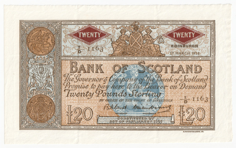 Scotland 20 Pounds 1958

P# 94f, N# 223528; # 2/D 1163; XF