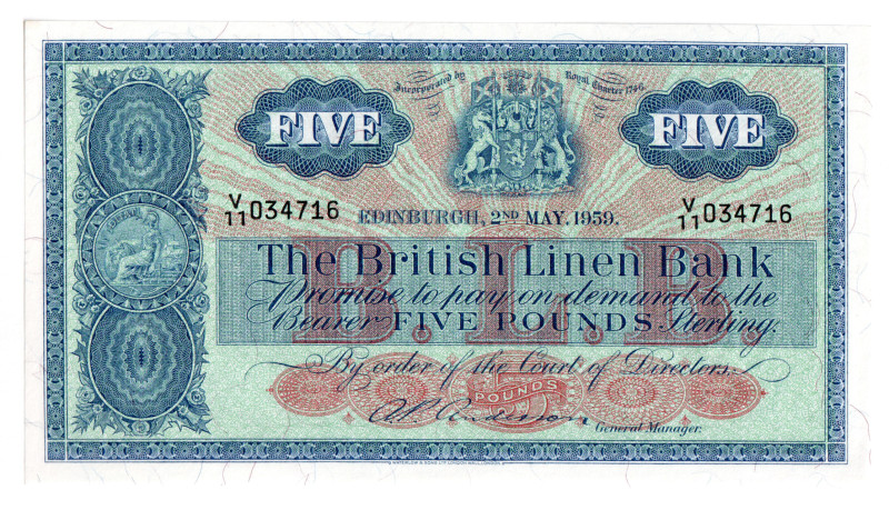 Scotland The British Linen Bank 5 Pounds 1959

P# 161b, N# 225030; # V11 03471...