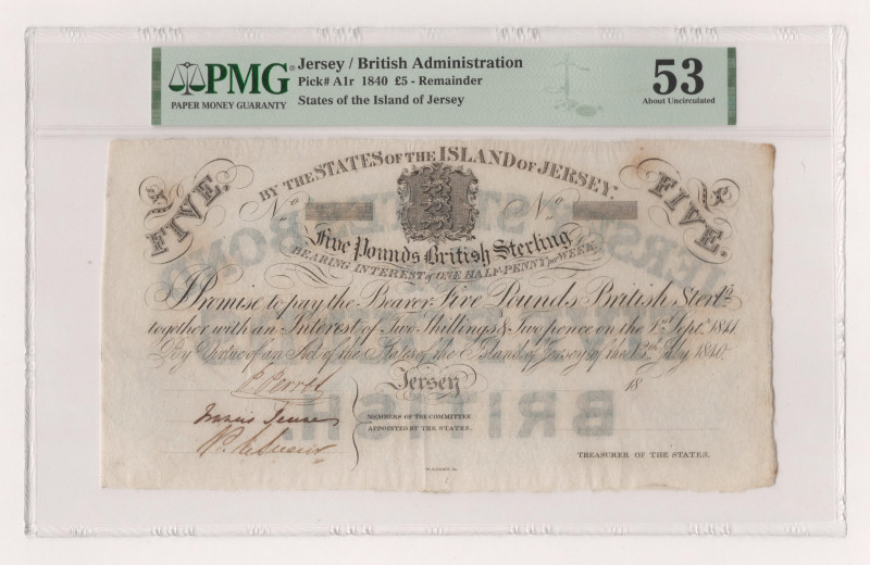 Jersey 5 Pounds 1840 PMG 53

P# A1r, N# 204401; AUNC