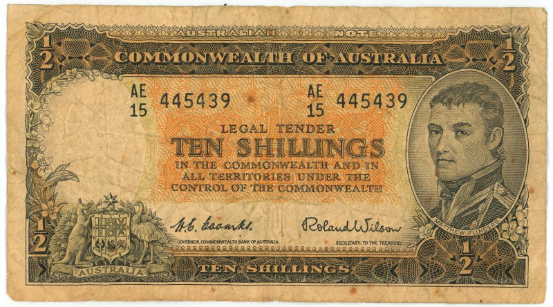 Australia 10 Shillings 1954 - 1960 (ND) Replacement

P# 29r, N# 202357; # AE15...