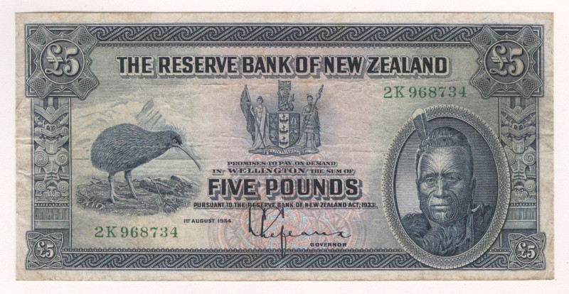 New Zealand 5 Pounds 1934

P# 156, N#205464; # 2K968734; VF