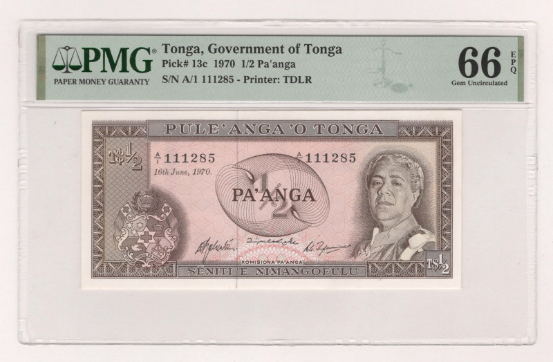 Tonga 1/2 Pa'anga 1970 PMG 66 EPQ

P# 13c, N#314974; # A/1 111285; UNC