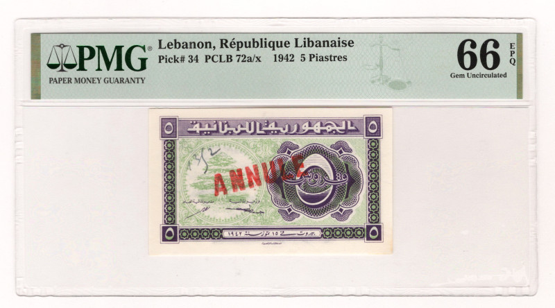 Lebanon 5 Piastres 1942 PMG 66 EPQ

P# 34, N#208285; Stamp "Annule"; UNC