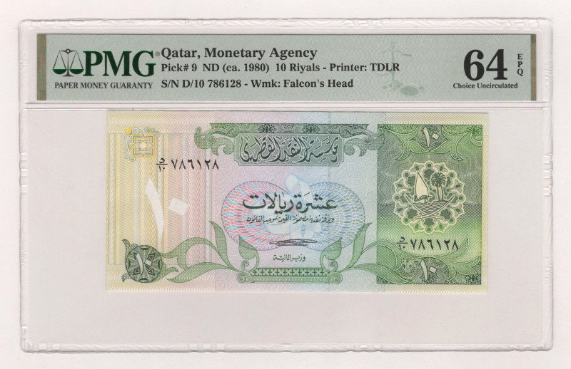 Qatar 10 Riyals 1980 (ND) PMG 64 Choice Uncirculated

P# 9, # D/10 786128; UNC