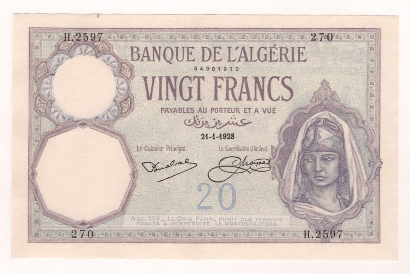 Algeria 20 Francs 1928

P# 78b, N#209057; # H.2597 270; XF