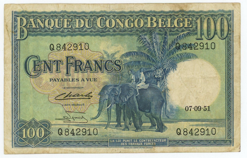 Belgian Congo 100 Francs 1951

P# 17d, N# 212760; # 842910; F+, not washed, no...