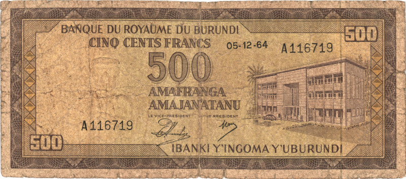 Burundi 500 Francs 1964

P# 13a, N# 254197; # A 116719; VF, Tear