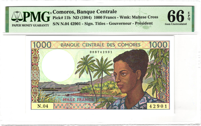 Comoros 1000 Francs 1984 (ND) PMG 66 EPQ Gem Uncirculated

P# 11b, N# 240811; ...