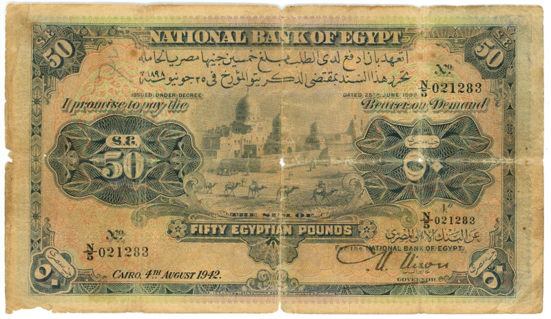 Egypt 50 Pounds 1942

P# 15b, N# 220269; # N/5 021283; Mehmed V Reşâd; Signatu...