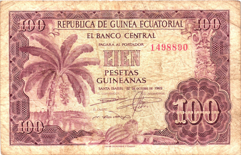 Equatorial Guinea 100 Pesetas 1969

P# 1, N# 215339; # 14988990; VF