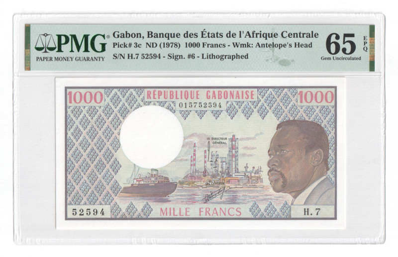 Gabon 1000 Francs 1978 (ND) PMG 65 EPQ Gem Uncircuilated

P# 3c, N# 207591; # ...