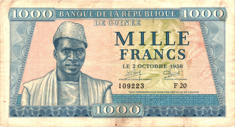 Guinea 1000 Francs 1958

P# 9a, N# 262384; # F 20 109223; VF