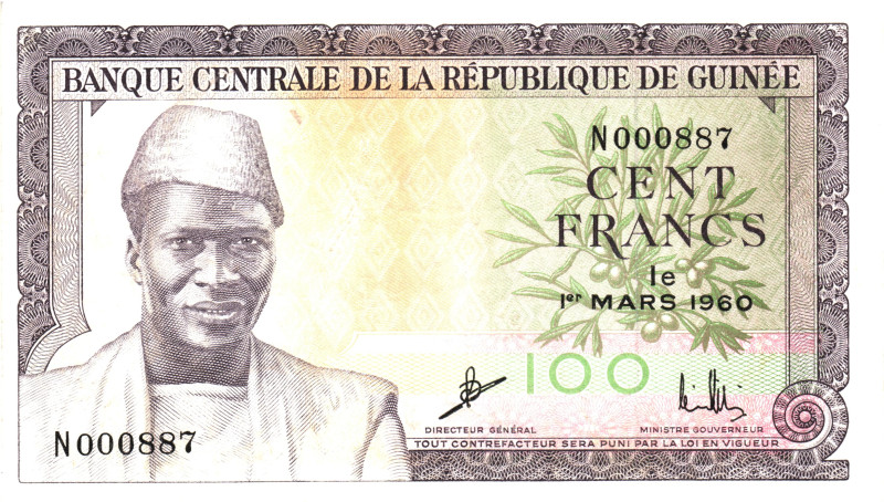 Guinea 100 Francs 1960

P# 13a, N# 241255; # N000887; XF/AUNC