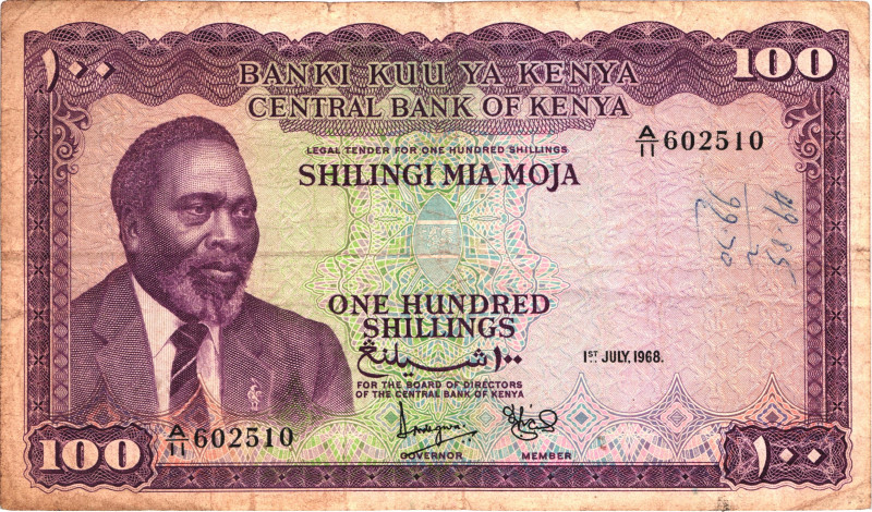 Kenya 100 Shillings 1968

P# 5b, N# 250677; # A/11 602510; VF