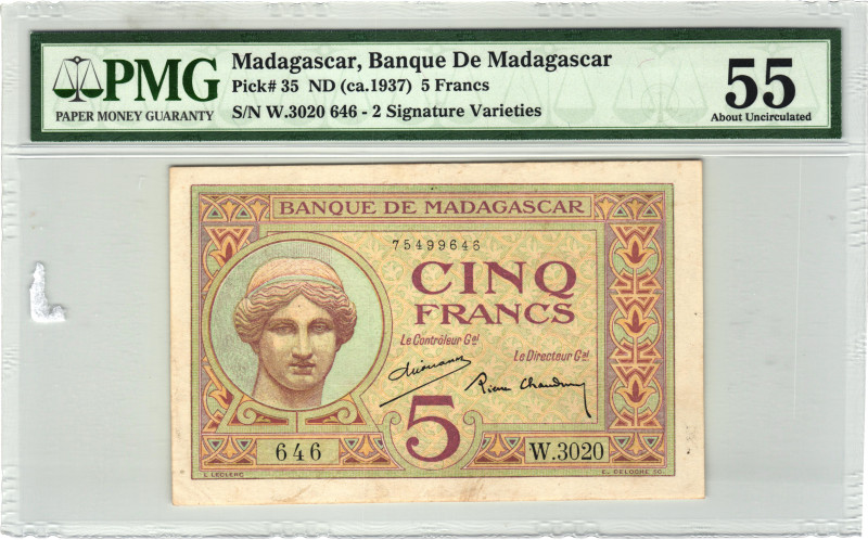 Madagascar 5 Francs 1937 (ND) PMG 55 About Uncirculated

P# 35, N# 202914; # W...