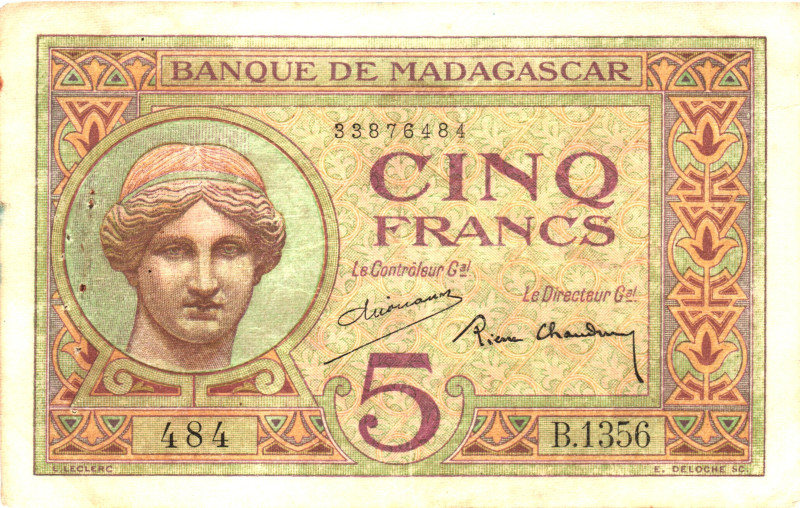 Madagascar 5 Francs 1937 (ND)

P# 35, N# 202914; # 484 B.1356; XF