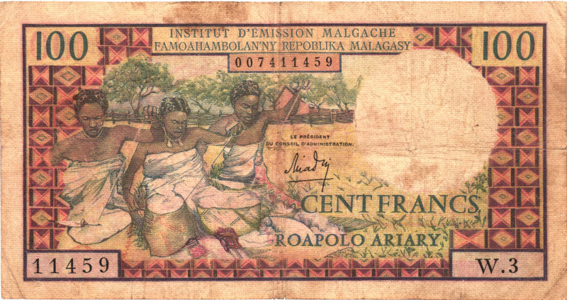 Madagascar 100 Francs / 20 Ariary 1964 - 1970 (ND)

P# 57a, N# 202830; # 11459...