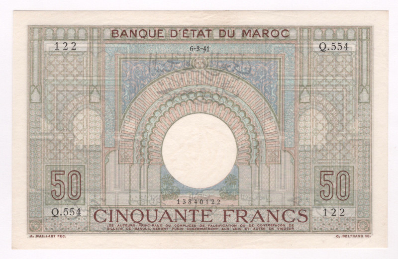 Morocco 50 Francs 1941

P# 21, N# 201855; # Q.554 122; XF