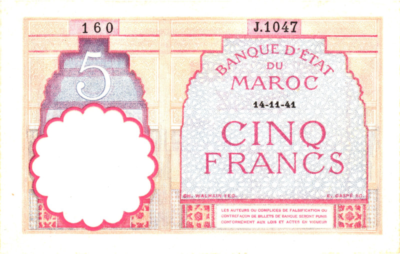 Morocco 5 Francs 1941

P# 23A, N# 232969; # J.1047 160; AUNC