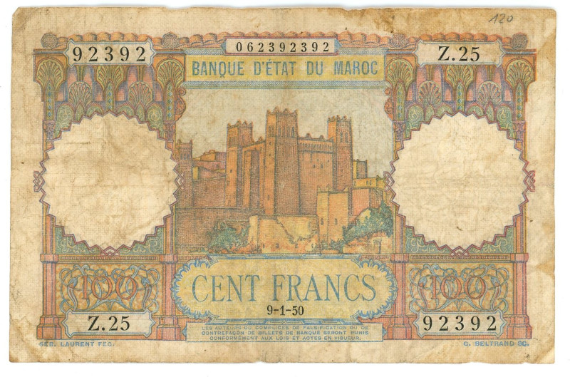 Morocco 100 Francs 1950

P# 45, N# 220876; # Z.25 92392; F