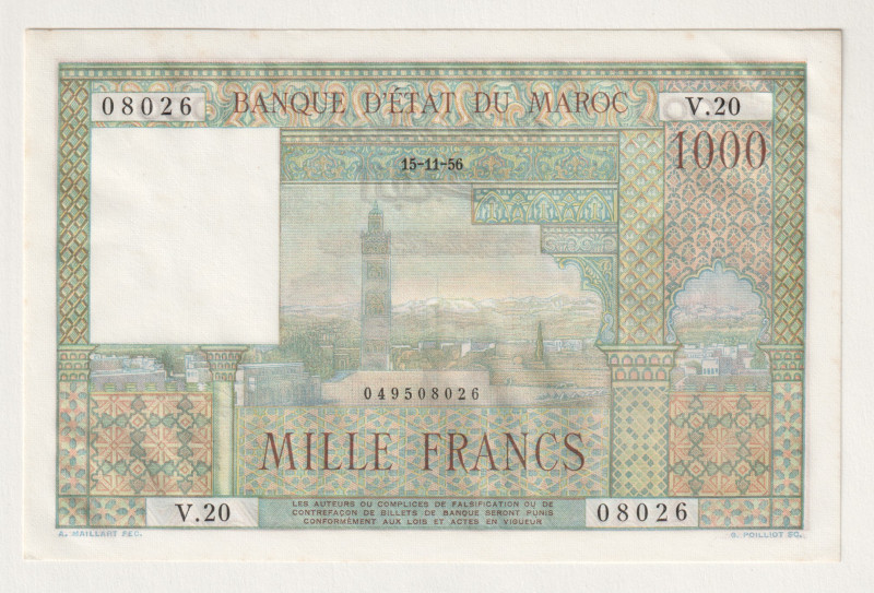 Morocco 1000 Francs 1956

P# 47, N#243500; # V.20 08026; UNC