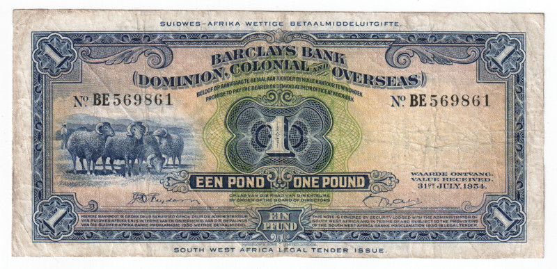 Namibia Barclays Bank 1 Pound 1954

P# 5a, N# 290358; # BE 569861; Minor resto...