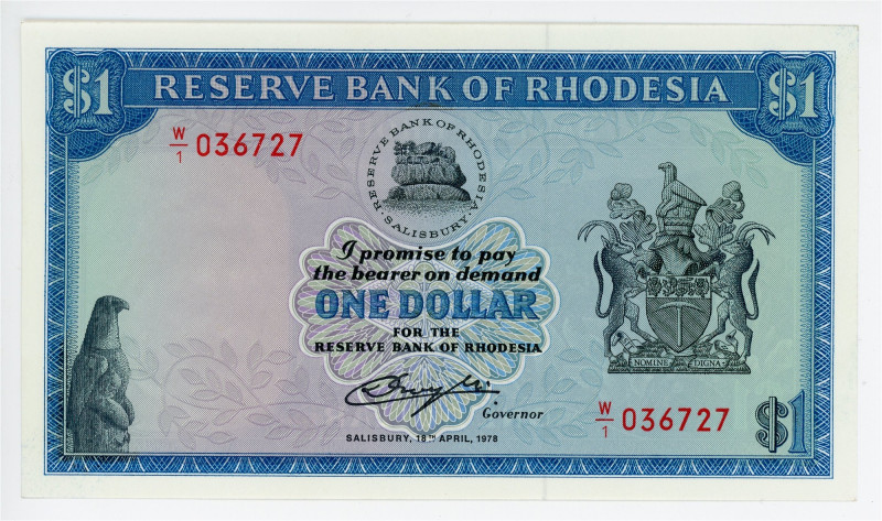 Rhodesia 1 Dollar 1978 Replacement

P# 33c*, N# 214666; # W/1 036727; UNC