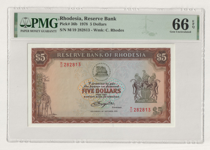 Rhodesia 5 Dollars 1978 PMG 66 EPQ

P# 36b, N# 237074; # M/19 282813; UNC