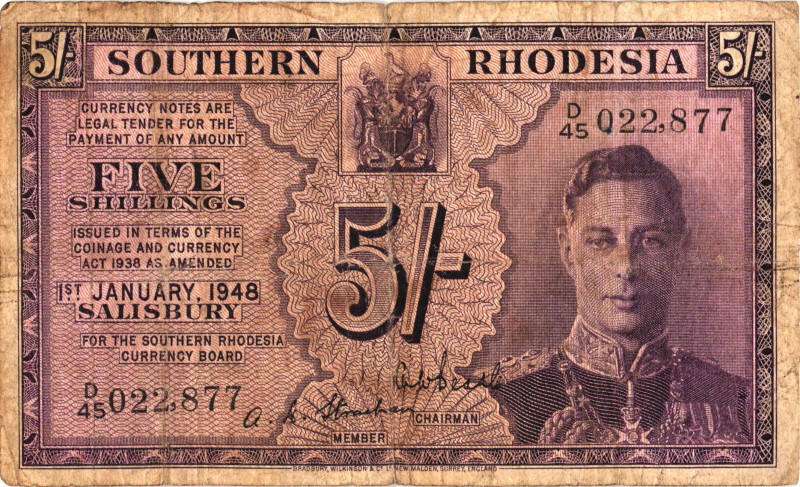 Southern Rhodesia 5 Shillings 1948

P# 8, N#248209; # D45 022,877; F