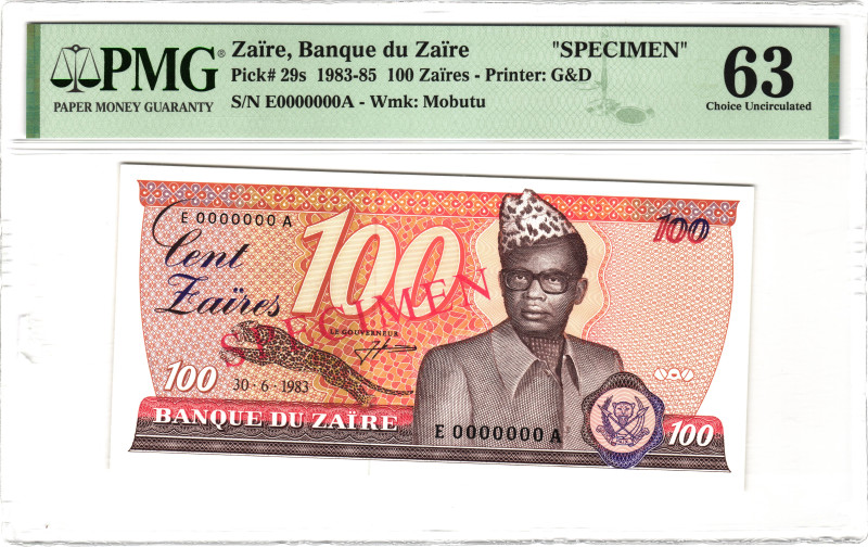 Zaire 100 Zaires 1983 Specimen PMG 63 Choice Uncirculated

P# 29s, N# 216658; ...