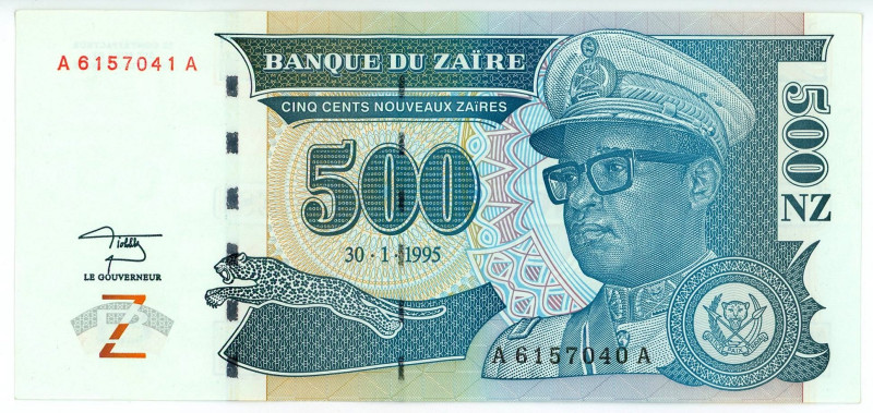 Zaire 500 Nouveaux Zaires 1995

P# 65a, N# 230192; # A 5157040 A; UNC