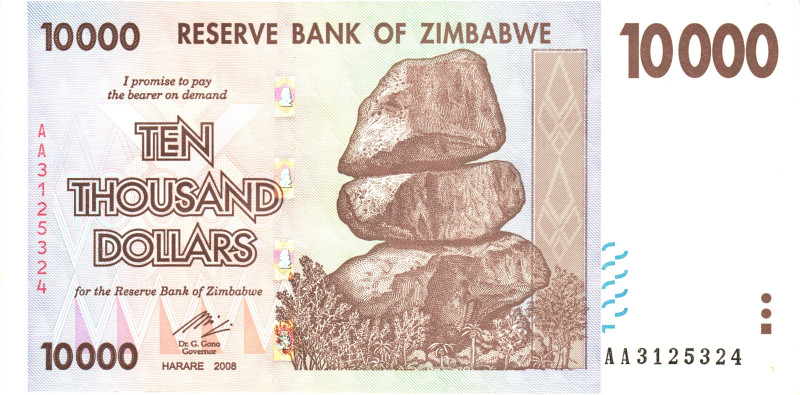 Zimbabwe 10000 Dollars 2008 Rarest from series

P# 72, N# 201936; # AA3125324;...