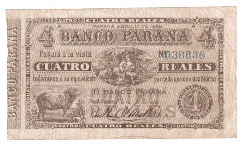 Argentina Banco Parana 4 Reales 1868

P# S1814, # 038836; F-VF