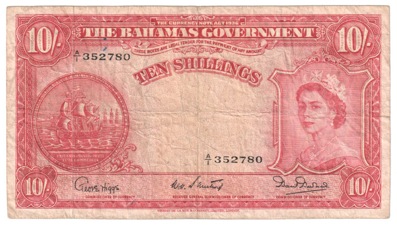 Bahamas 10 Shillings 1936 -1953

P# 14b, N#274526; # A/1 352780; F+