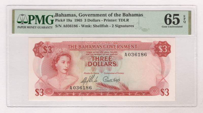 Bahamas 3 Dollars 1965 PMG 65 EPQ Gem Uncircuilated

P# 19a, N#219355; # A0361...