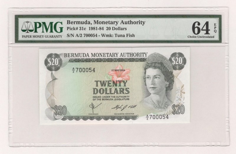 Bermuda 20 Dollars 1984 PMG 64 EPQ Choice Uncirculated

P# 31c, N# 275841; # A...