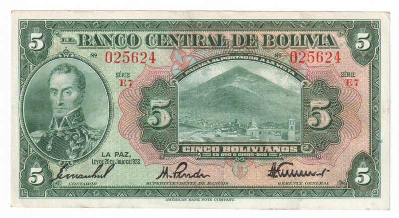 Bolivia 5 Bolivianos 1928

P# 120а, N# 240065; # E7 025624; AUNC