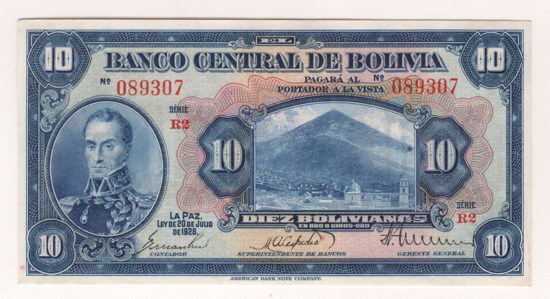 Bolivia 10 Bolivianos 1928

P# 121, N# 278935; # R2 089307; AUNC