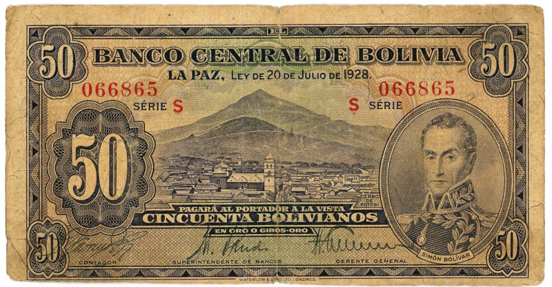 Bolivia 50 Bolivianos 1928

P# 124a, N# 212595; # S 066865; VF-