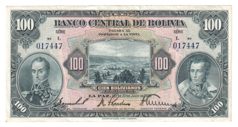 Bolivia 100 Bolivianos 1928

P# 125а, N# 279225; # L 017447; VF