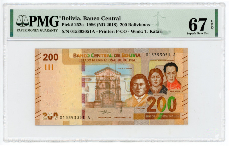 Bolivia 200 Bolivianos 1986 (2018) (ND) PMG 67 EPQ Superb Gem Uncirculated

P#...