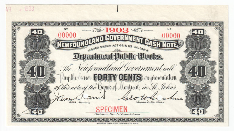 Canada Newfoundland 40 Cents 1903 Specimen

P# A4s, # 00000; UNC-