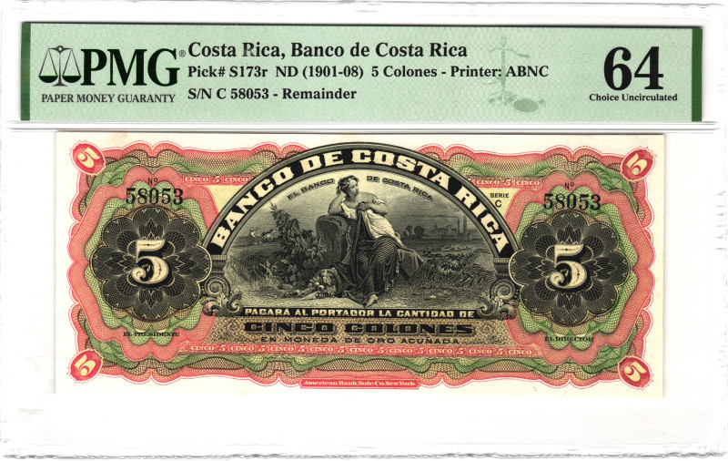 Costa Rica 5 Colones 1901 - 1908 (ND) Reminder PMG 64 Choice Uncirculated

P# ...